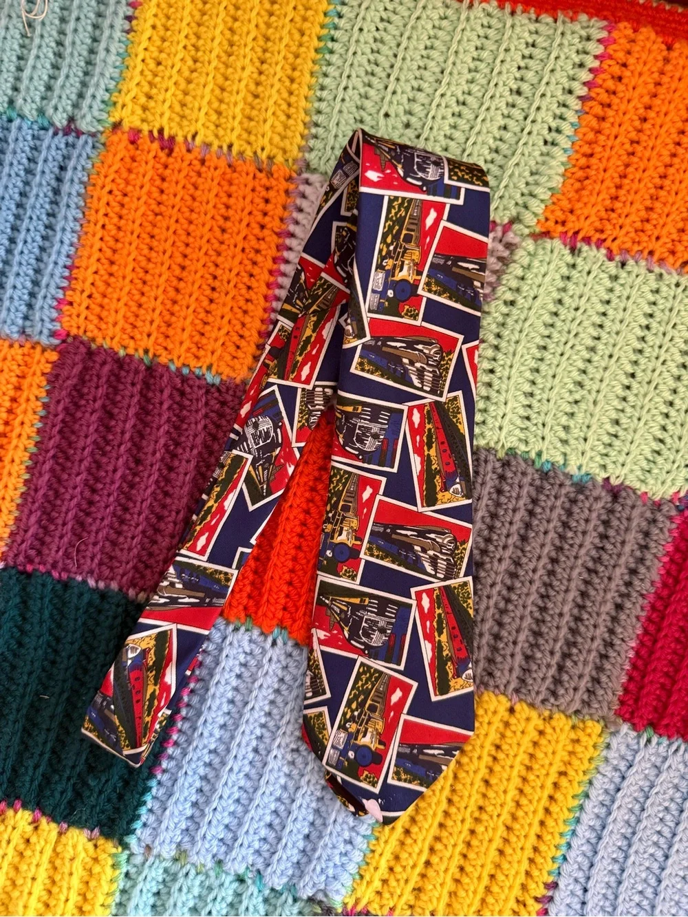 Vintage trains silk Navy Tie with Red, Yellow, Green and Cream Postcard Motif